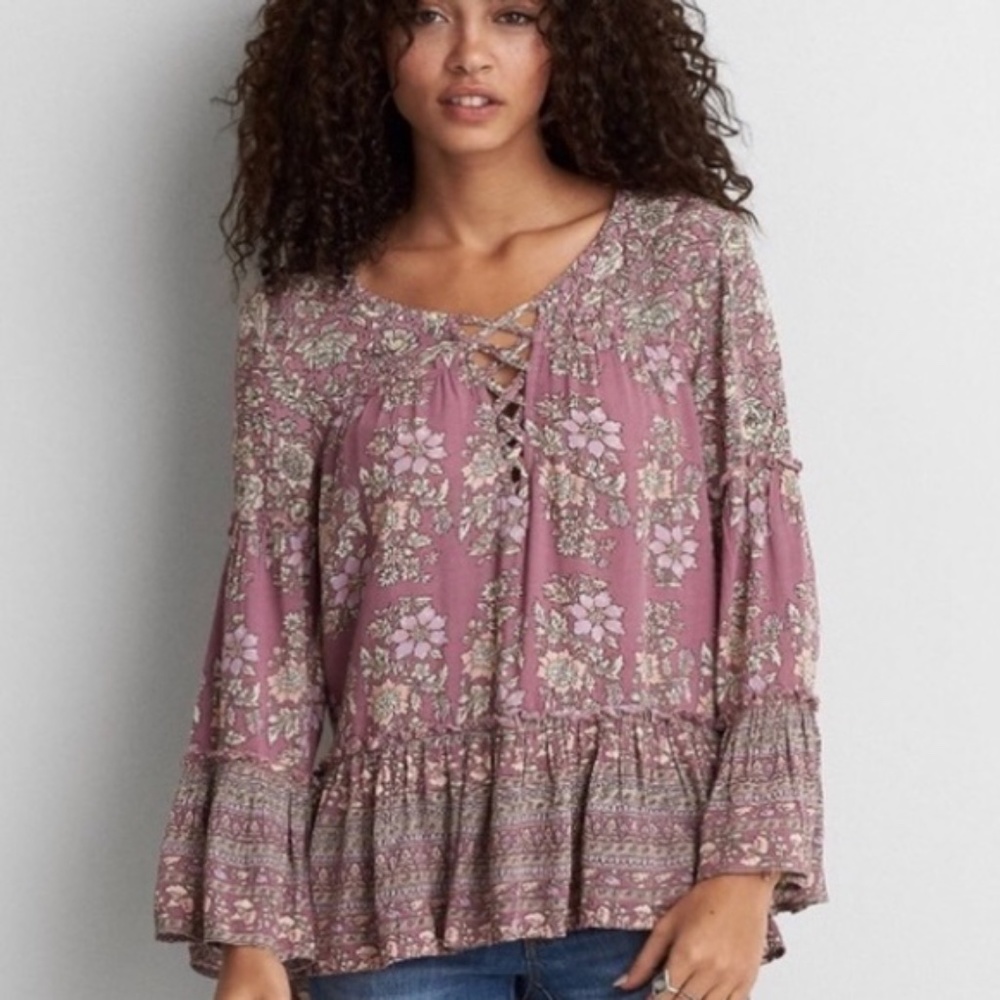 lace up floral bell sleeve top